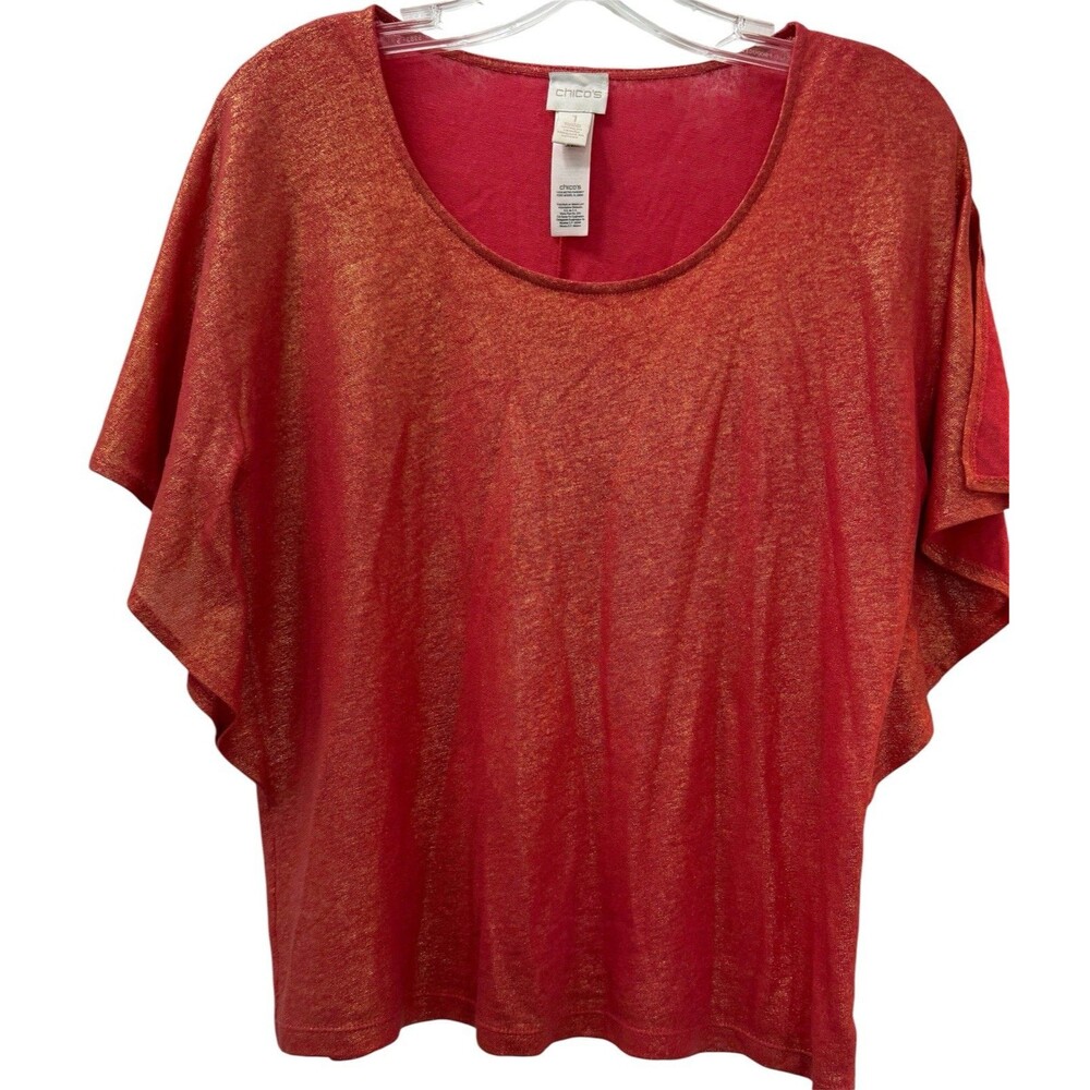 Chicos Shimmer Andrina Slit Sleeve Medium Orange Gold Metallic Top Linen Modal
